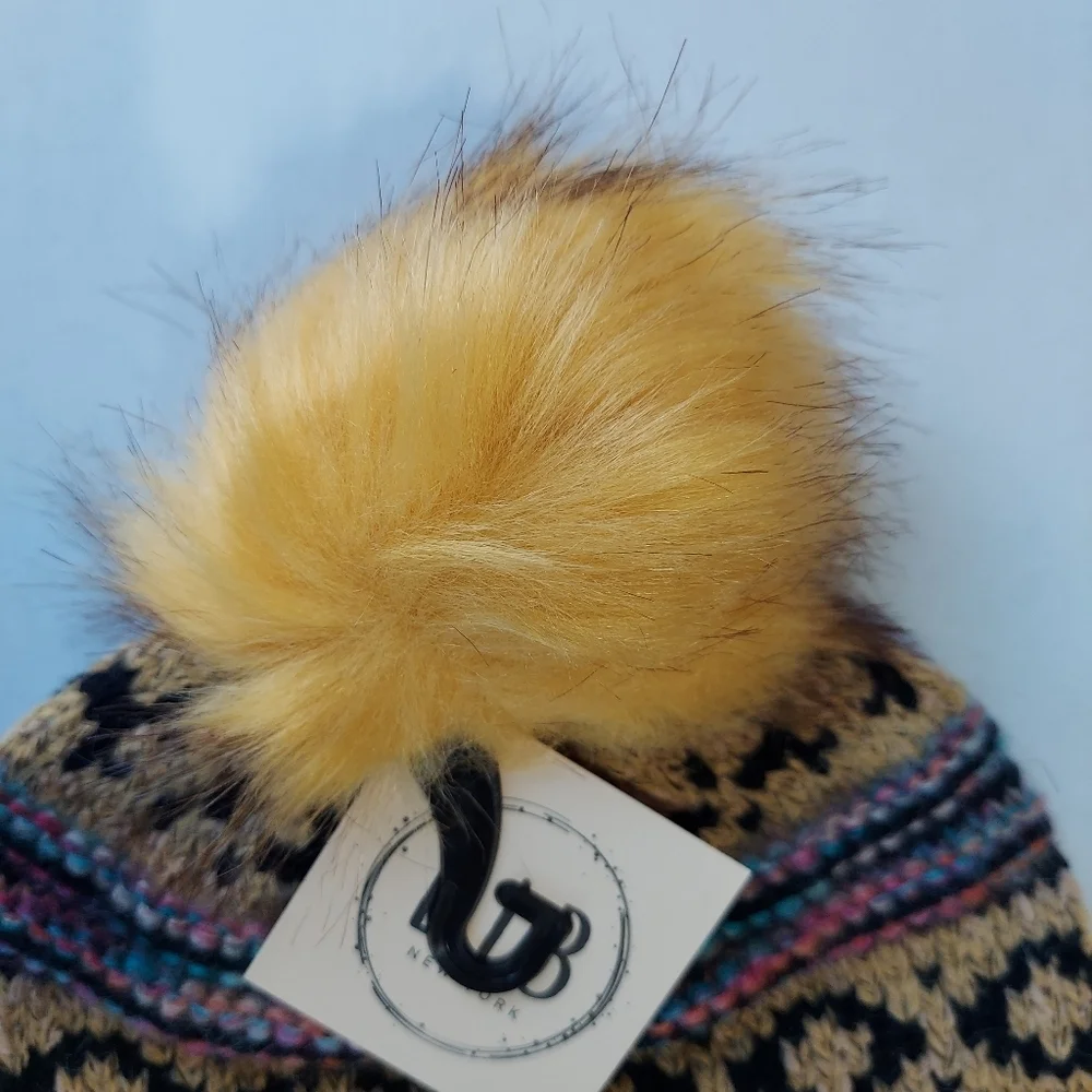L.I.B New York Hat Beanie Mustard Yellow Womens Cable Knit Warm Faux Fur Pom New
